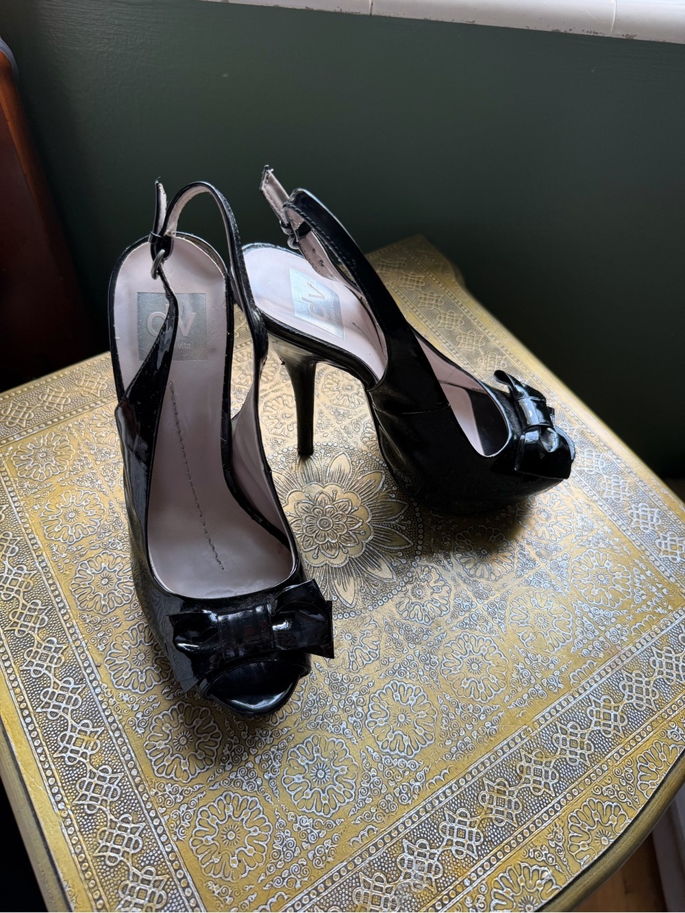 Dolce Vita Black Patent Peep-Toe Slingback Heels with Bow Accent